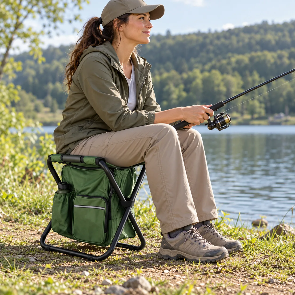 Olive Seat Pack beside a lake while fishing