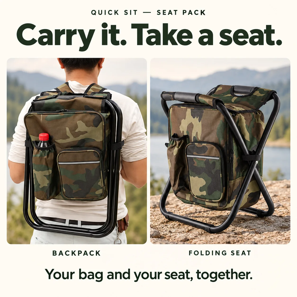 Seat Pack worn as a backpack and set up as a folding seat