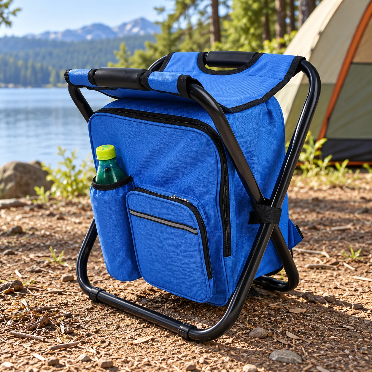 The blue Quick Sit Seat Pack set up as a seat at a lakeside campsite