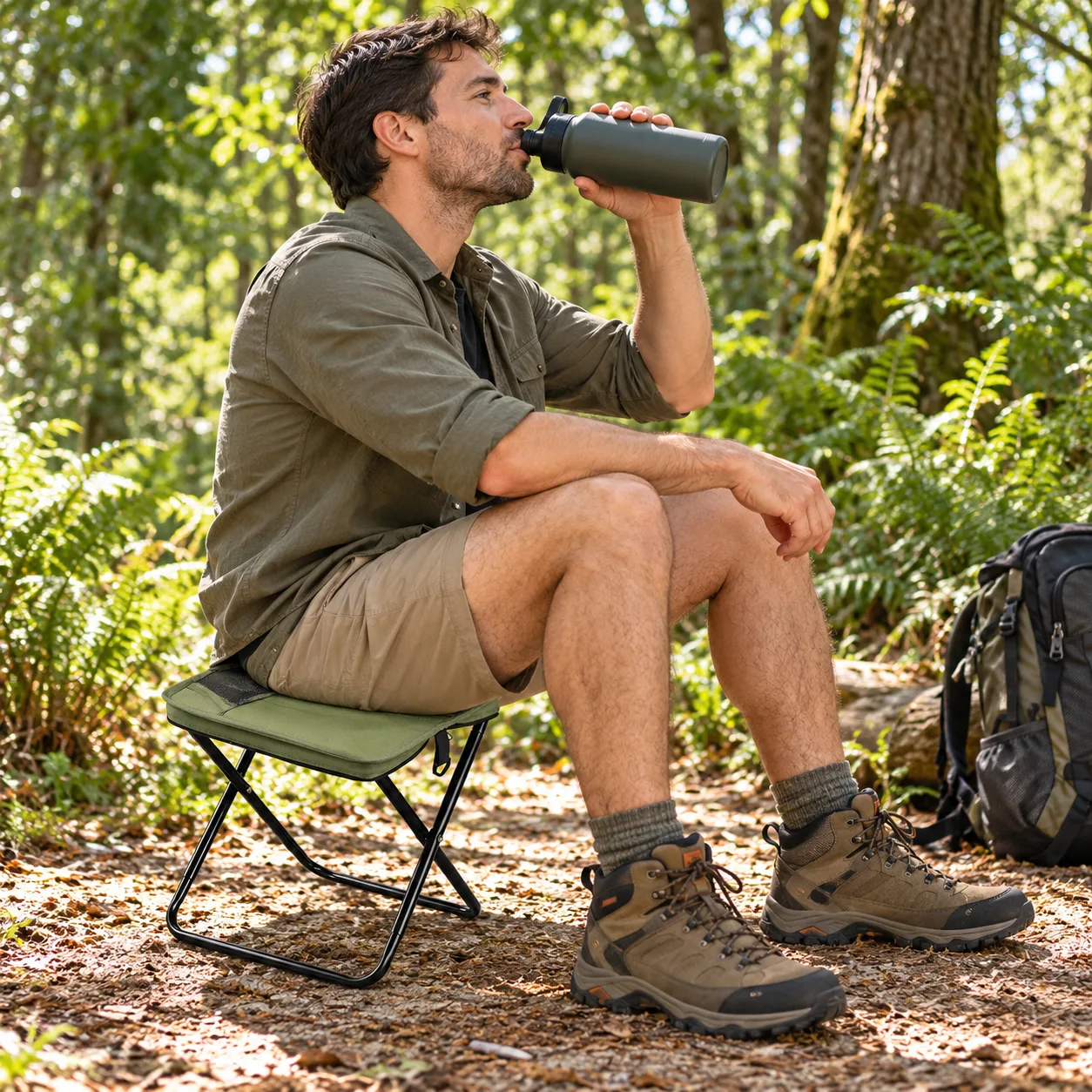 Hiker resting on a green Quick Sit Pocket Seat in the forest